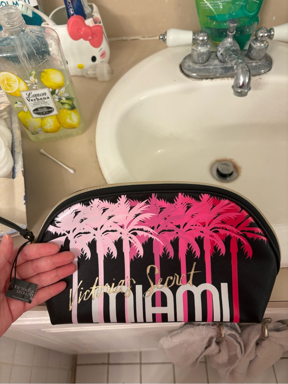 Victoria's Secret Black Cosmetic Bag with Pink Ombre Palm Print